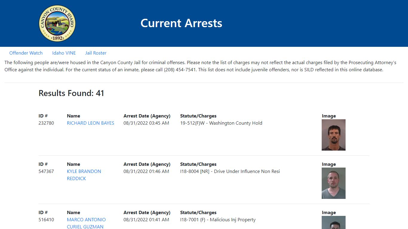 Current Arrests - Canyon County, Idaho